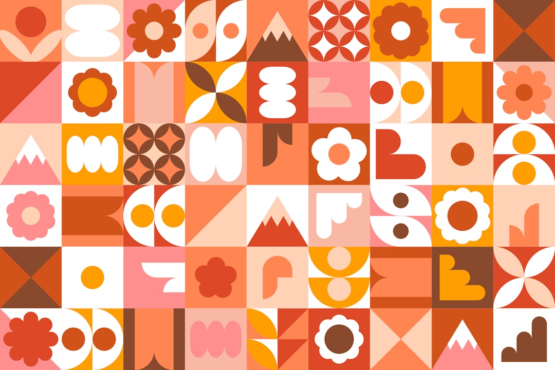 Geometric pattern with flowers, mountains, and abstract shapes.