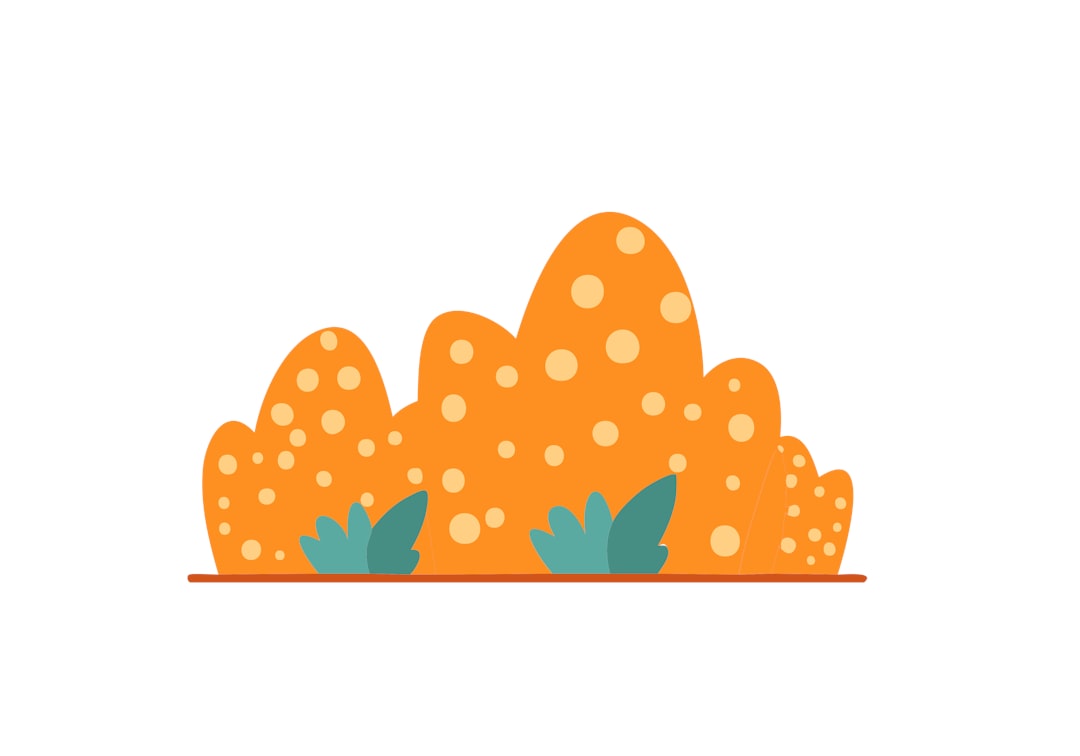 Stylized orange bushes with yellow dots and green leaves.