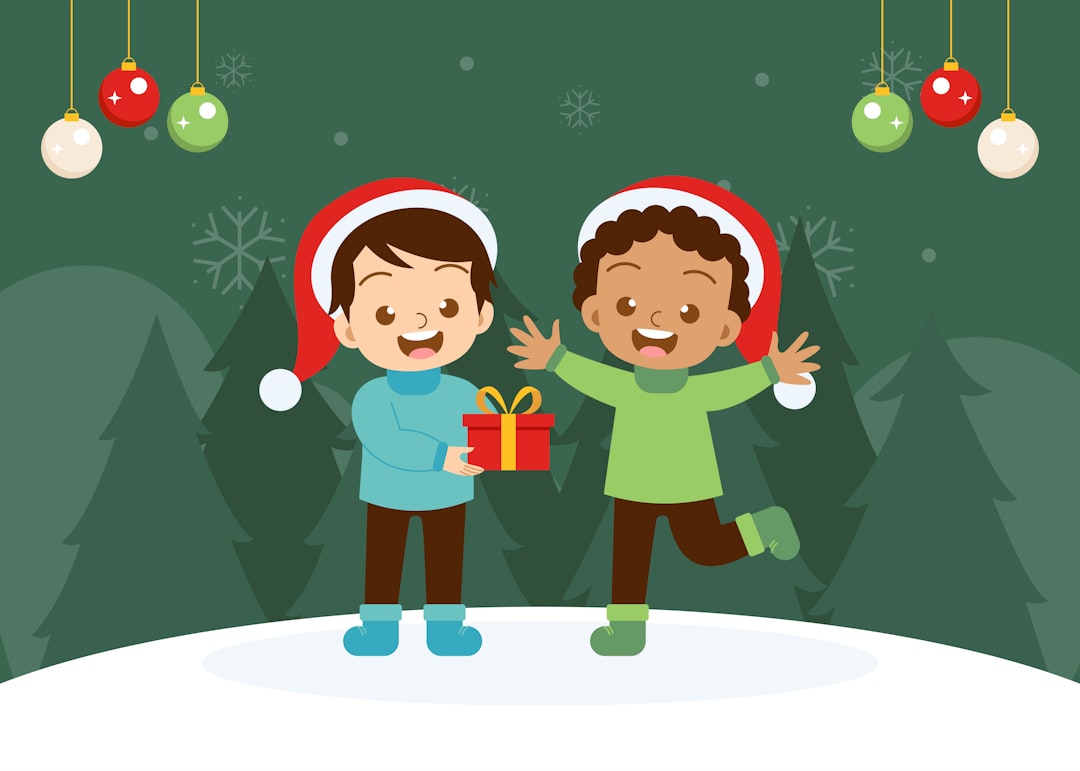 Two happy children in santa hats with a gift.