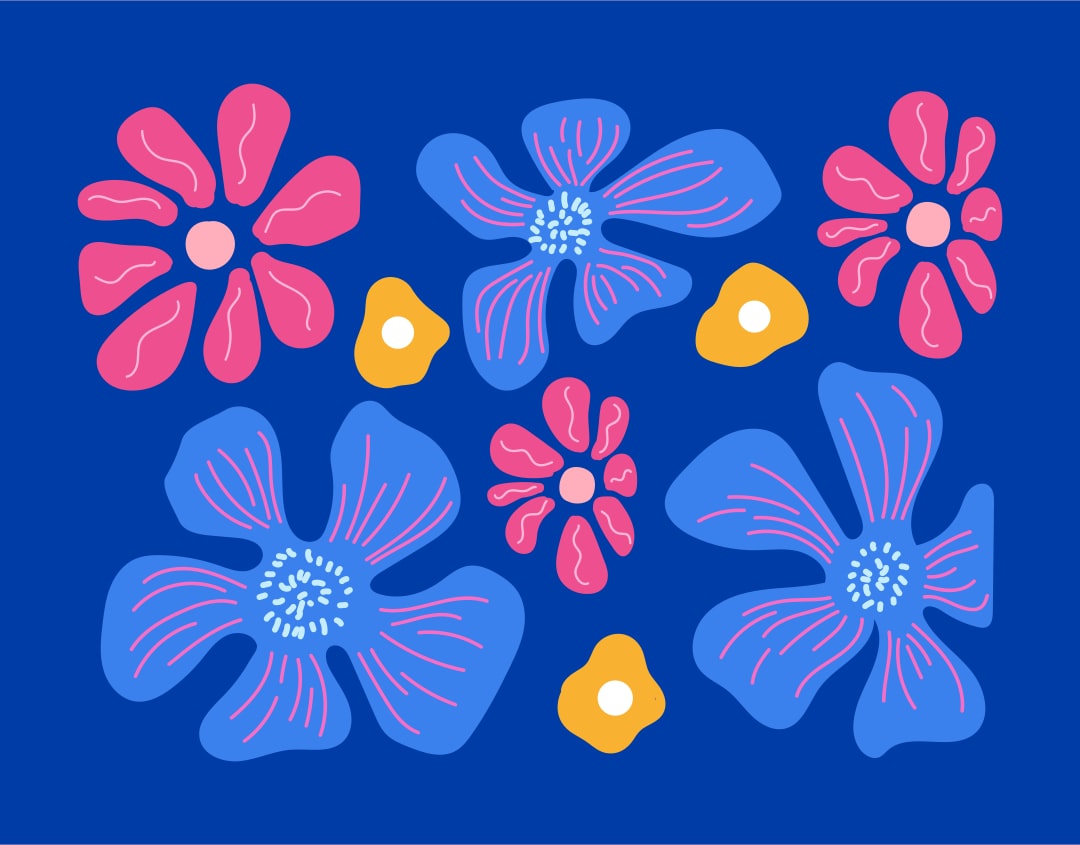 Stylized flowers in pink, blue, and yellow on blue.