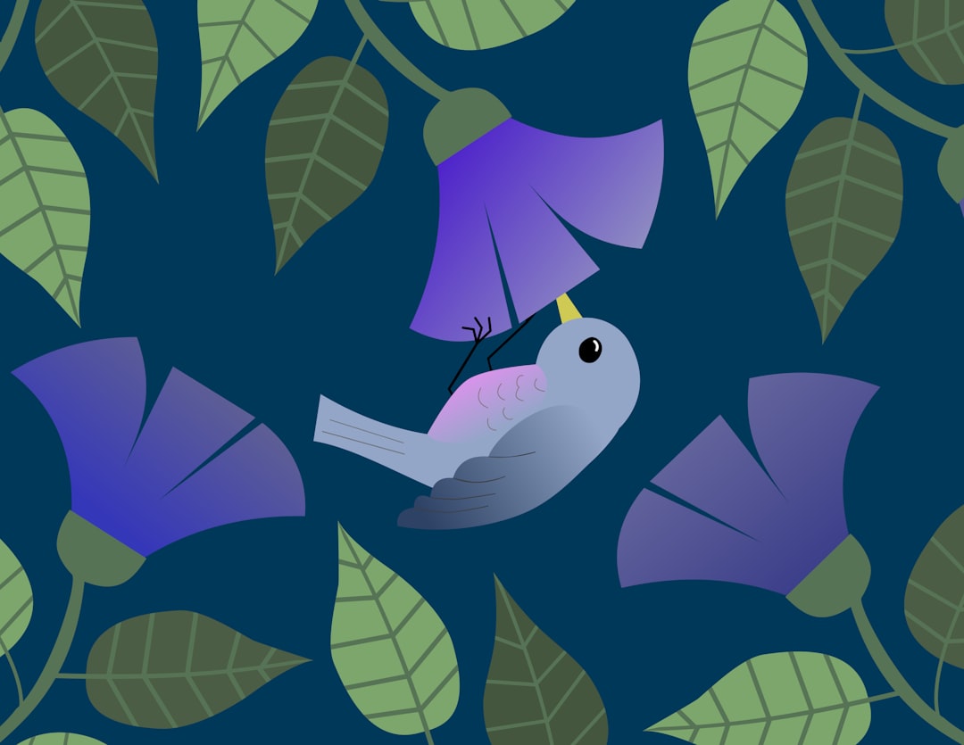 A bird is surrounded by flowers and leaves.