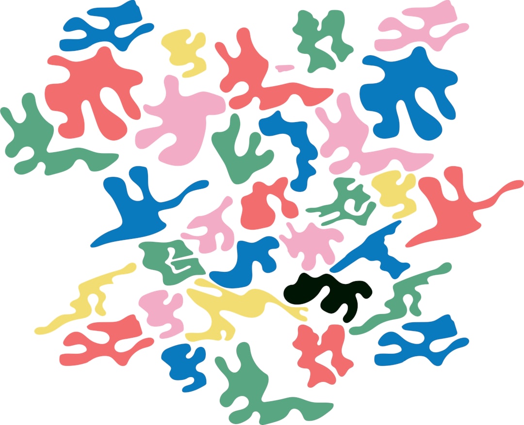 Scattered colorful abstract shapes on a white background